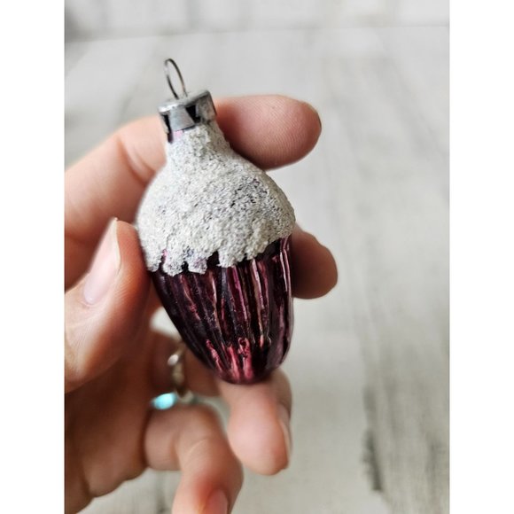 Vintage acorn glass glitter ornament flocked frosted Xmas tree - Picture 3 of 11